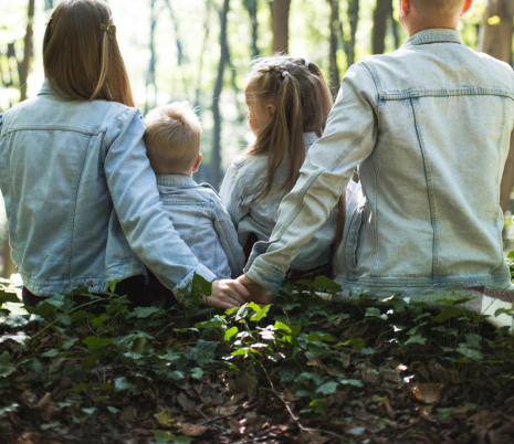 A family, mother and father with two kids sitting in the woods Family of four walking together through a forest, seen from behind