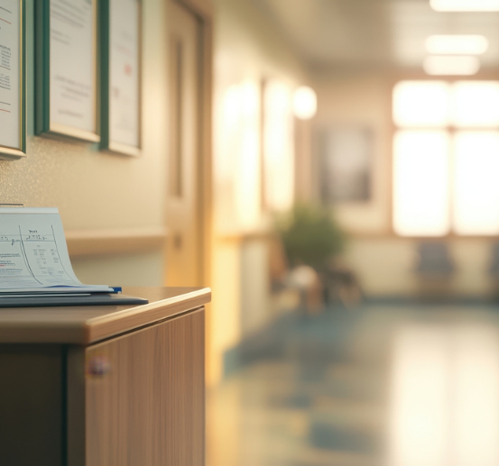 Stack of documents on a wooden cabinet Stack of documents on a wooden cabinet in a hallway with framed papers on the wall and soft natural light coming through windows in the background